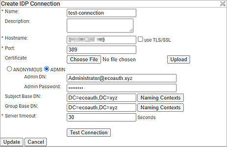 Screenshot of SecureW2, IDP Connection Configuration page